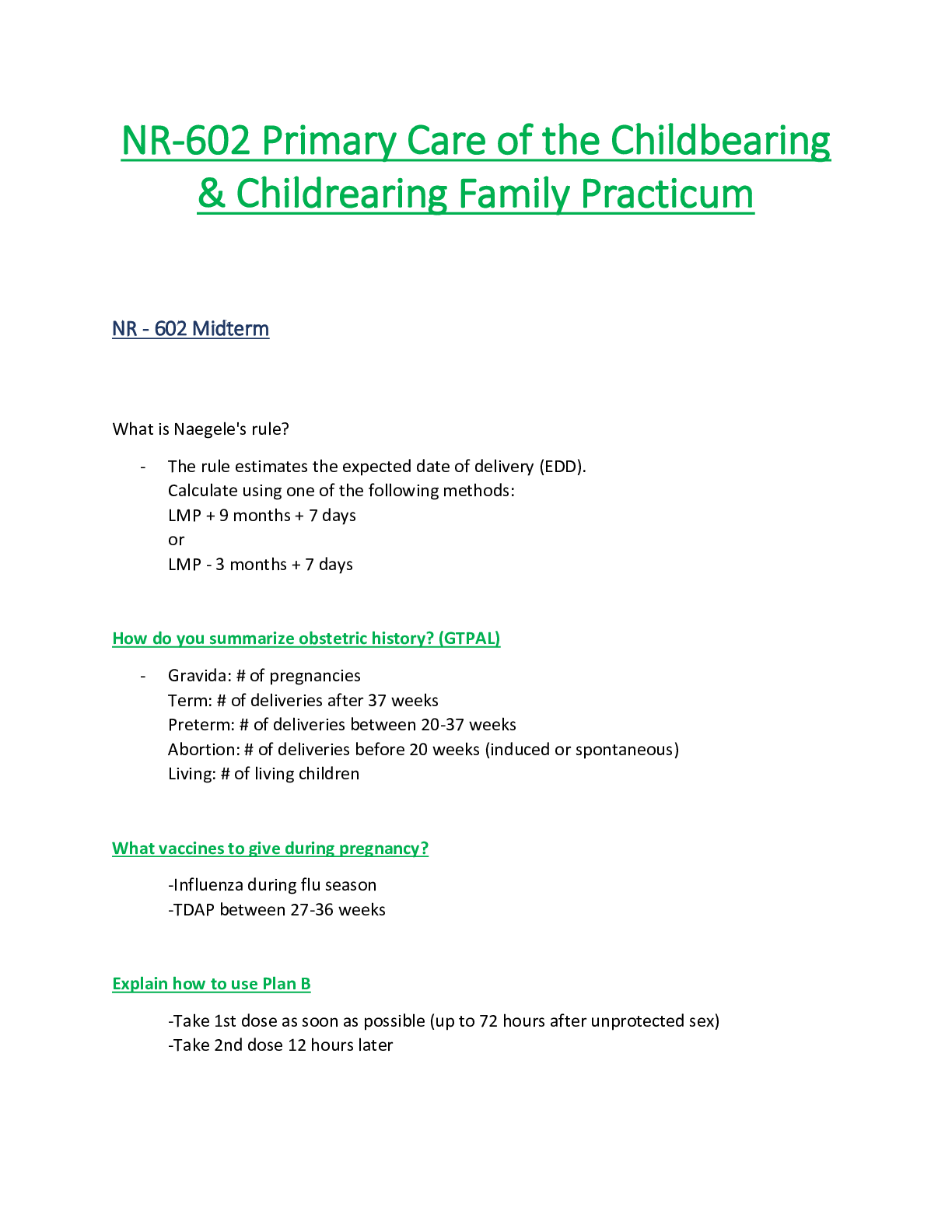 Preview of NR602 / NR-602 Midterm Exam (Latest Update): Primary Care of the Childbearing & Childreari